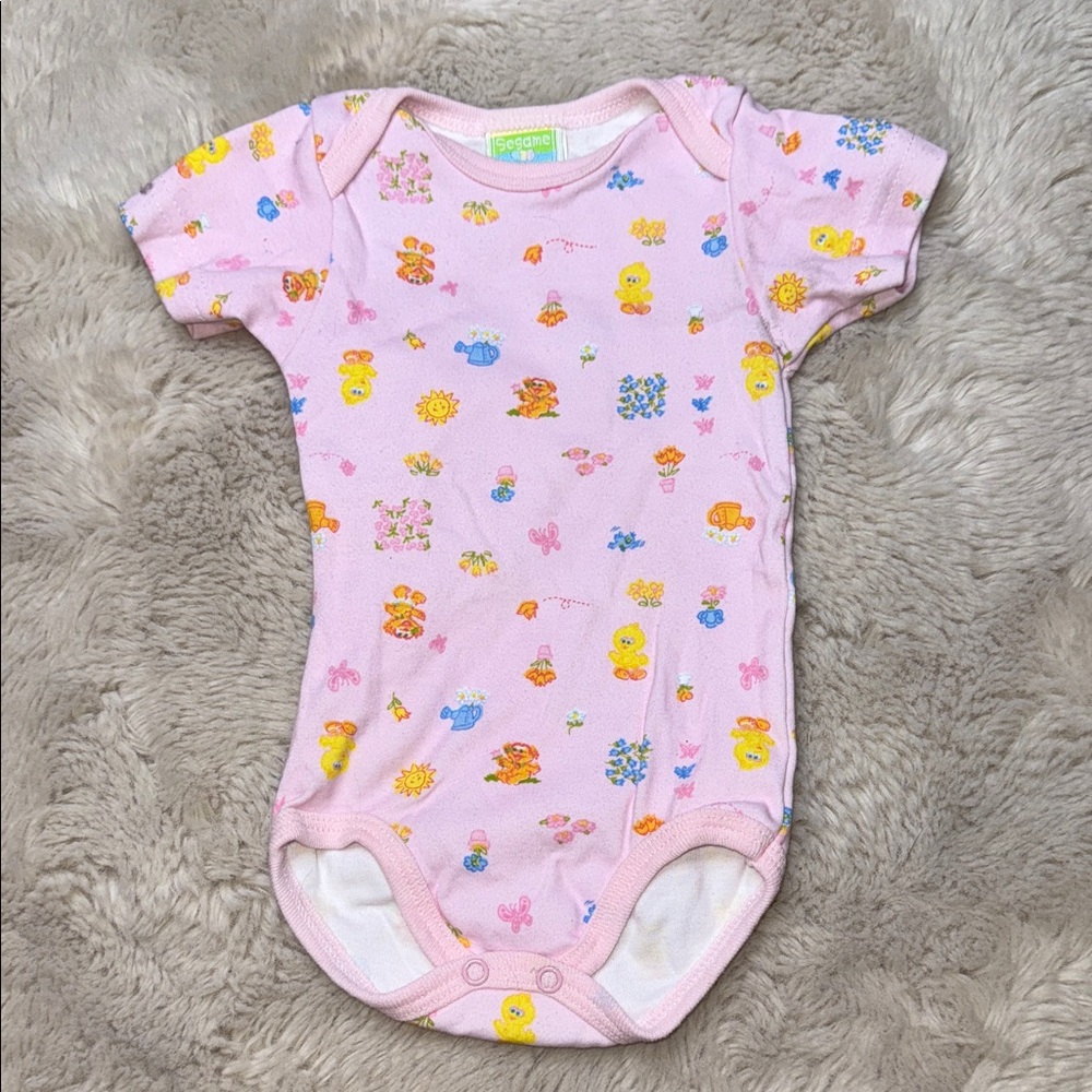 12m sesame beginning’s big bird  Pink Baby Onesie with Cute Animal Prints